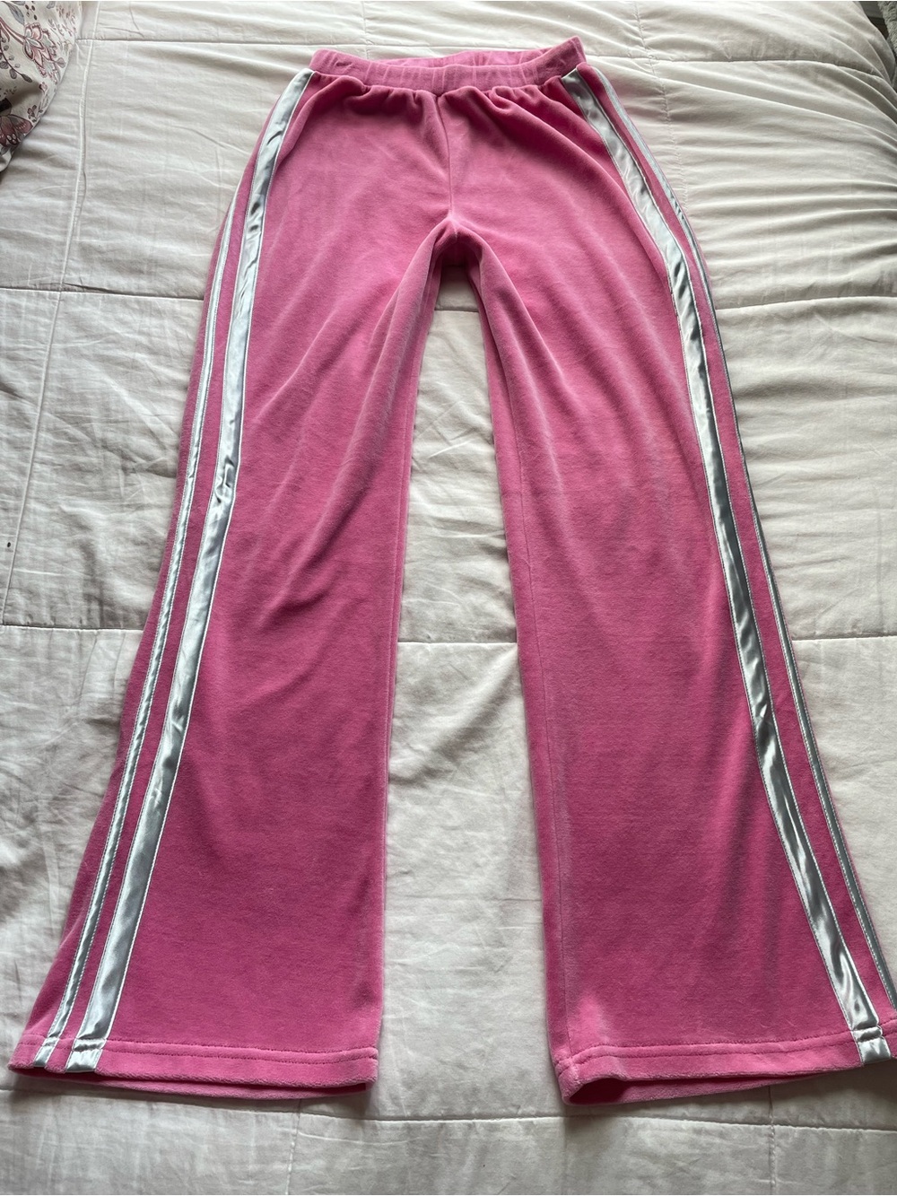Y2K Avia Barbie Pink Velour Silver Stripe Pull On Flare Pants XS Model Off Duty